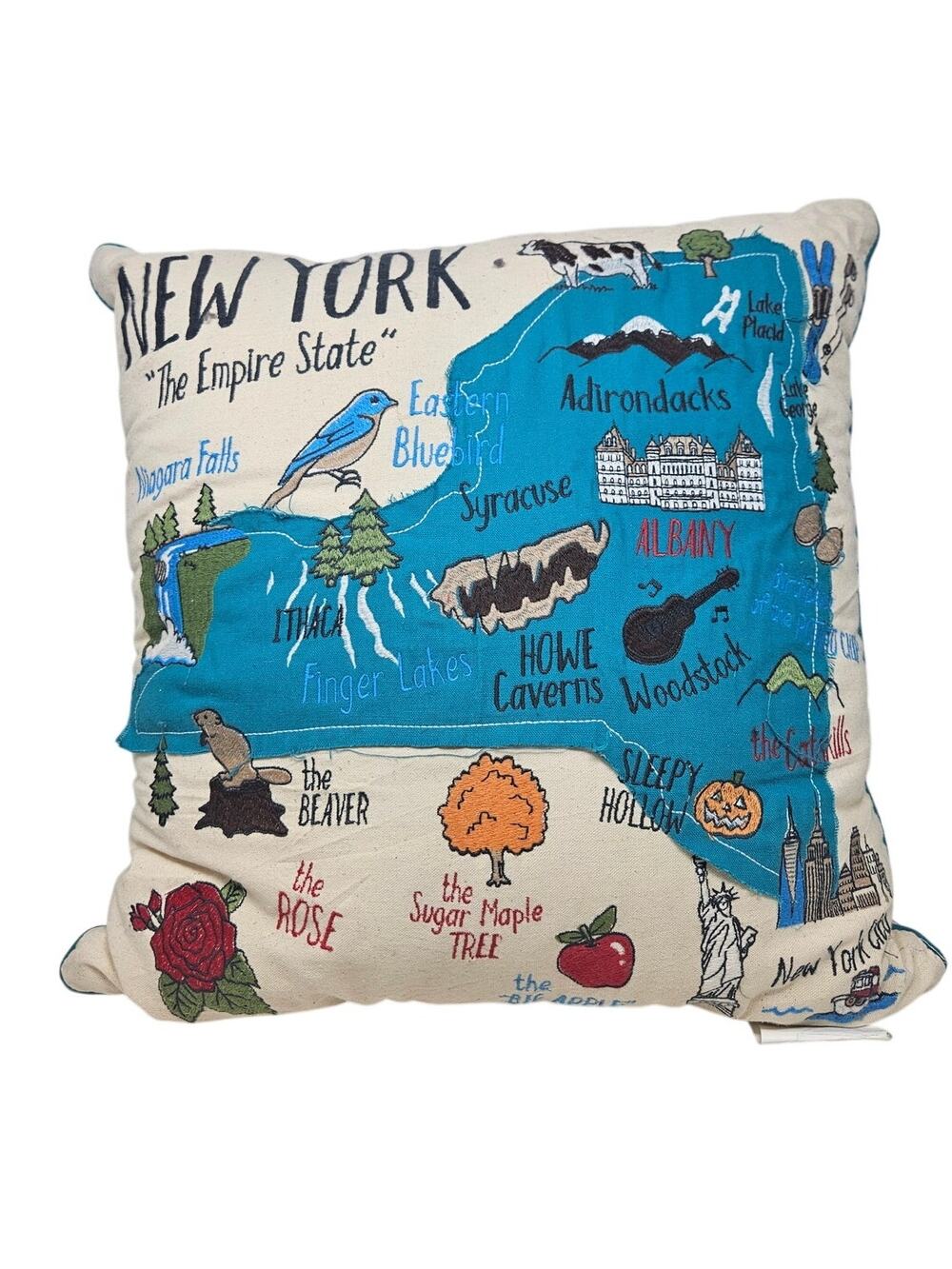 New York State Throw Pillow Embroidered 20x20 in Adirondacks Empire State